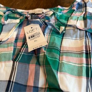 NEW. Loft. Madras long sleeve tie neck blouse. XL.